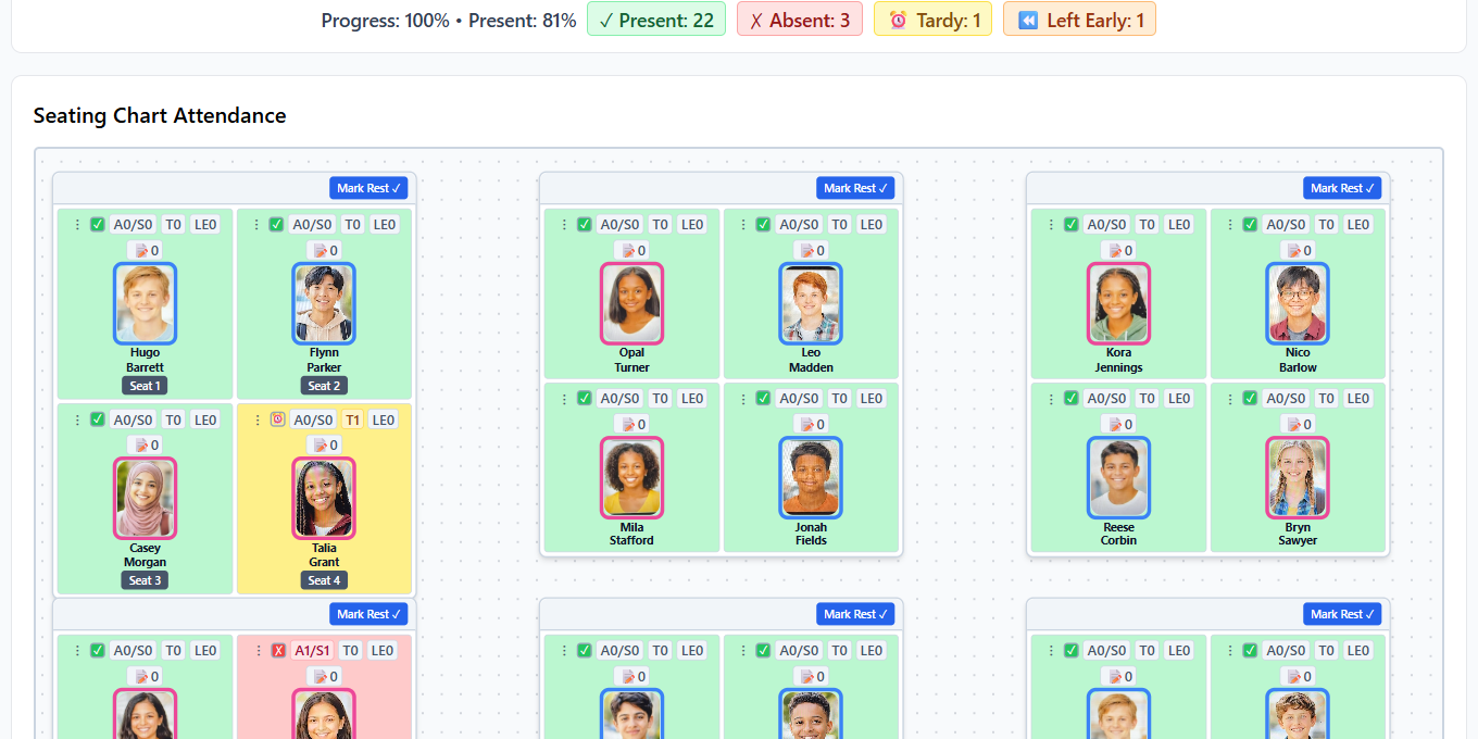 Attendance view showing quick tap workflow