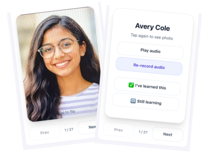 Flashcards showing student photo on one side and name + pronunciation audio on the other